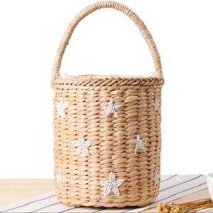 Star Embroidered Straw Basket Bag